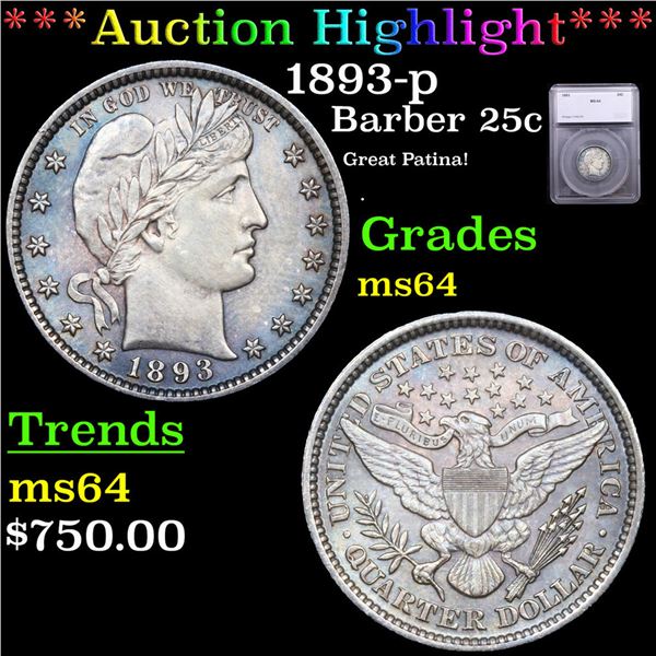 ***Auction Highlight*** 1893-p Barber Quarter 25c Graded ms64 By SEGS (fc)