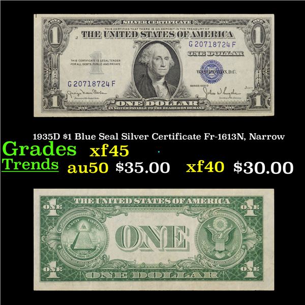 1935D $1 Blue Seal Silver Certificate Fr-1613N, Narrow Grades xf+