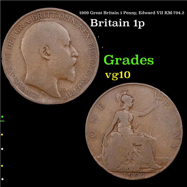 1909 Great Britain 1 Penny, Edward VII KM-794.2 Grades vg+
