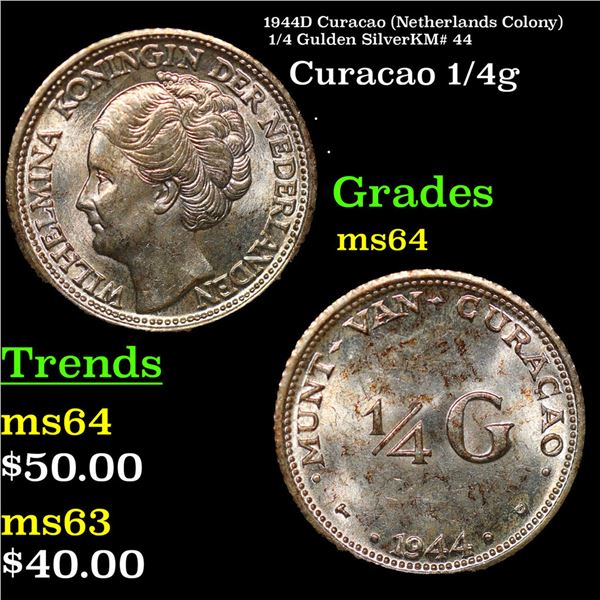 1944D Curacao (Netherlands Colony) 1/4 Gulden SilverKM# 44 Grades Choice Unc