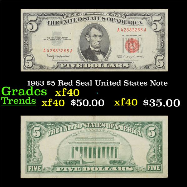 1963 $5 Red Seal United States Note Grades xf