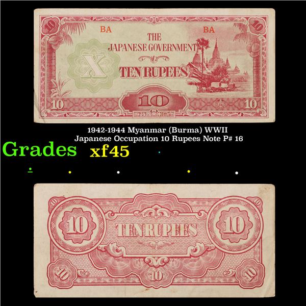 1942-1944 Myanmar (Burma) WWII Japanese Occupation 10 Rupees Note P# 16 Grades xf+