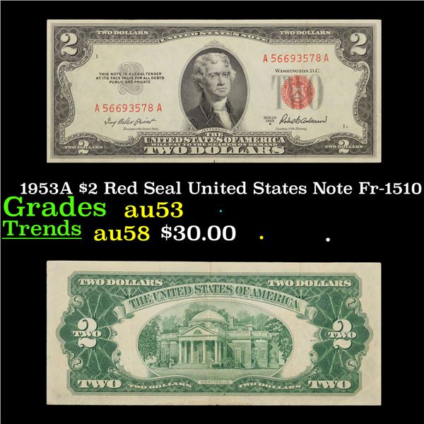 1953A $2 Red Seal United States Note Fr-1510 Grades Select AU