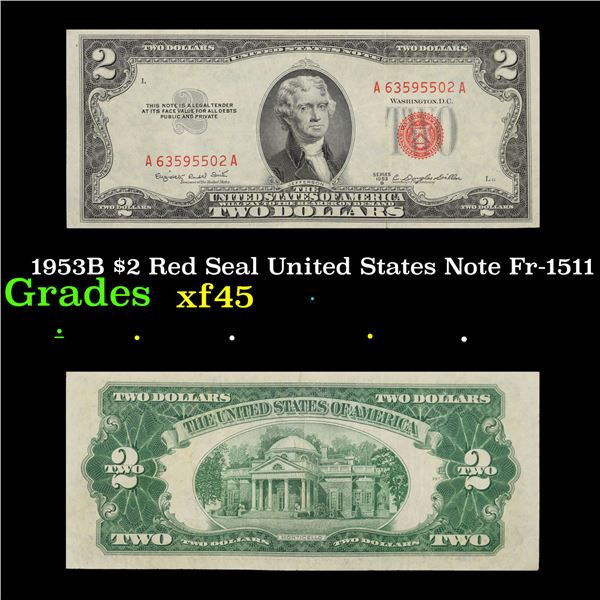 1953B $2 Red Seal United States Note Fr-1511 Grades xf+
