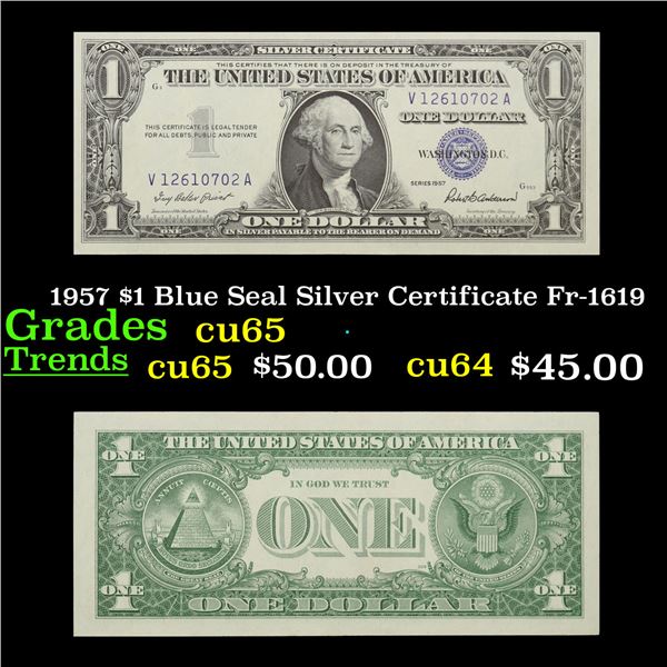 1957 $1 Blue Seal Silver Certificate Fr-1619 Grades Gem CU