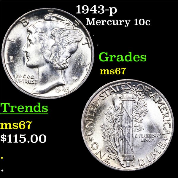 1943-p Mercury Dime 10c Grades GEM++ Unc
