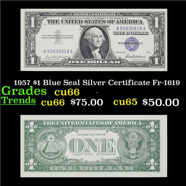 1957 $1 Blue Seal Silver Certificate Fr-1619 Grades Gem+ CU