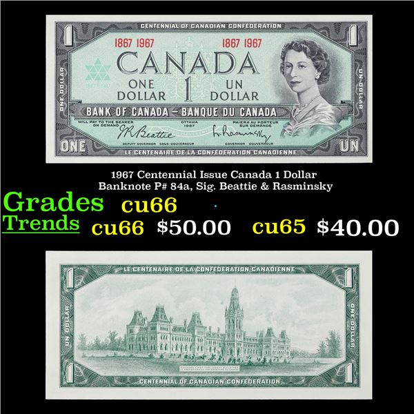 1967 Centennial Issue Canada 1 Dollar Banknote P# 84a, Sig. Beattie & Rasminsky Grades Gem+ CU