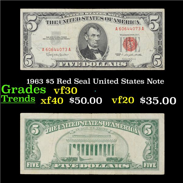 1963 $5 Red Seal United States Note Grades vf++