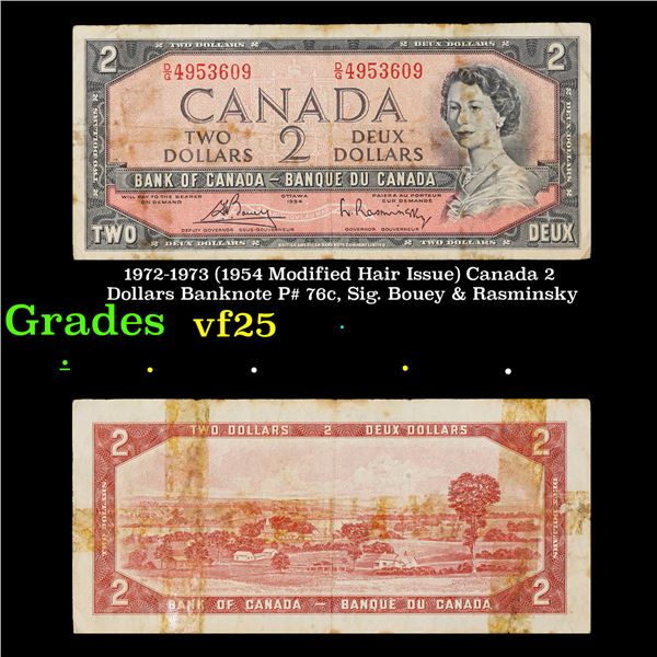 1972-1973 (1954 Modified Hair Issue) Canada 2 Dollars Banknote P# 76c, Sig. Bouey & Rasminsky Grades