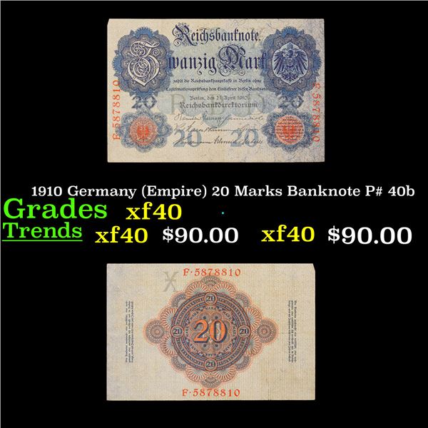 1910 Germany (Empire) 20 Marks Banknote P# 40b Grades xf