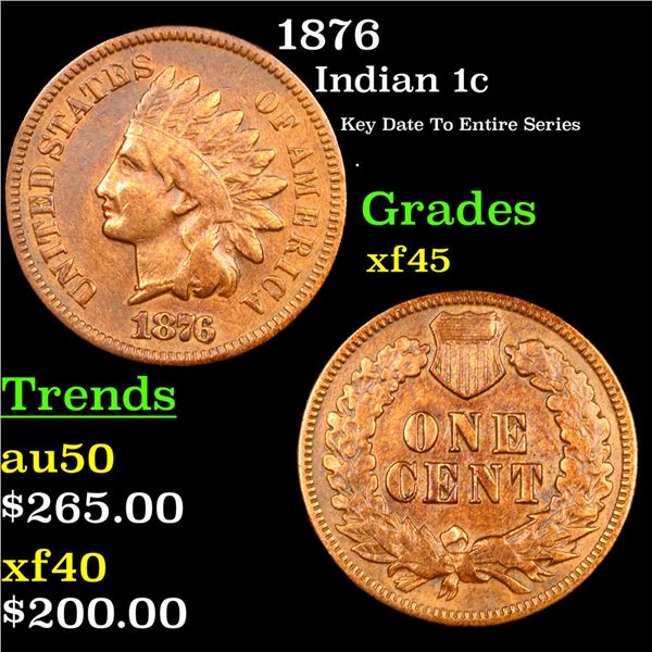 1876 Indian Cent 1c Grades xf+