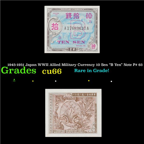 1945-1951 Japan WWII Allied Military Currency 10 Sen "B Yen" Note P# 63 Grades Gem+ CU