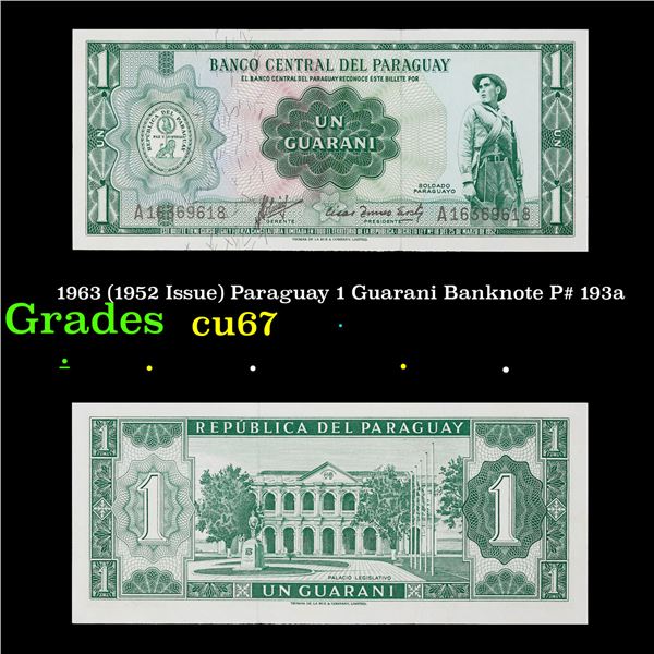 1963 (1952 Issue) Paraguay 1 Guarani Banknote P# 193a Grades Gem++ CU