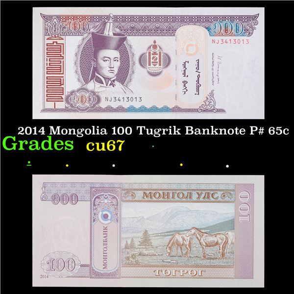 2014 Mongolia 100 Tugrik Banknote P# 65c Grades Gem++ CU