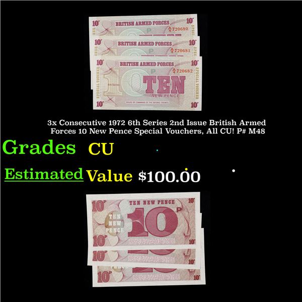 3x Consecutive 1972 6th Series 2nd Issue British Armed Forces 10 New Pence Special Vouchers, All CU!