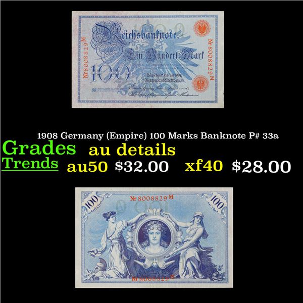 1908 Germany (Empire) 100 Marks Banknote P# 33a Grades AU Details