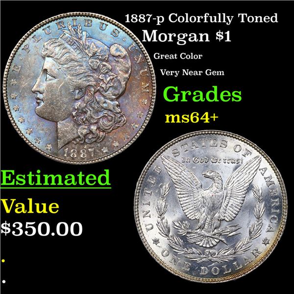 1887-p Morgan Dollar Colorfully Toned $1 Grades Choice+ Unc