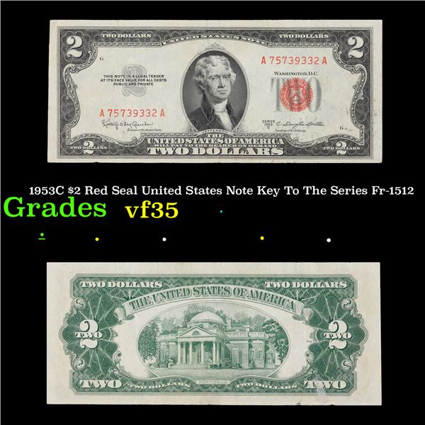 1953C $2 Red Seal United States Note Key To The Series Fr-1512 Grades vf++