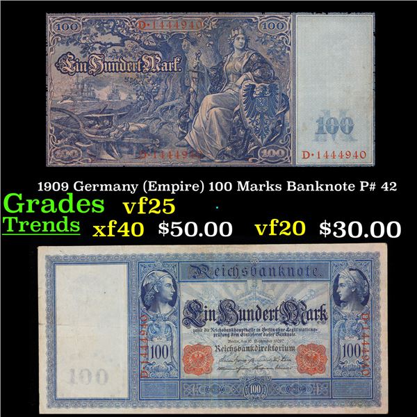 1909 Germany (Empire) 100 Marks Banknote P# 42 Grades vf+