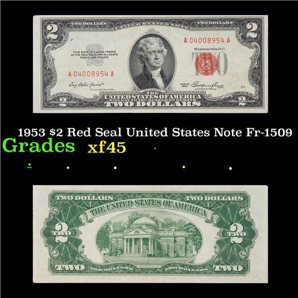1953 $2 Red Seal United States Note Fr-1509 Grades xf+