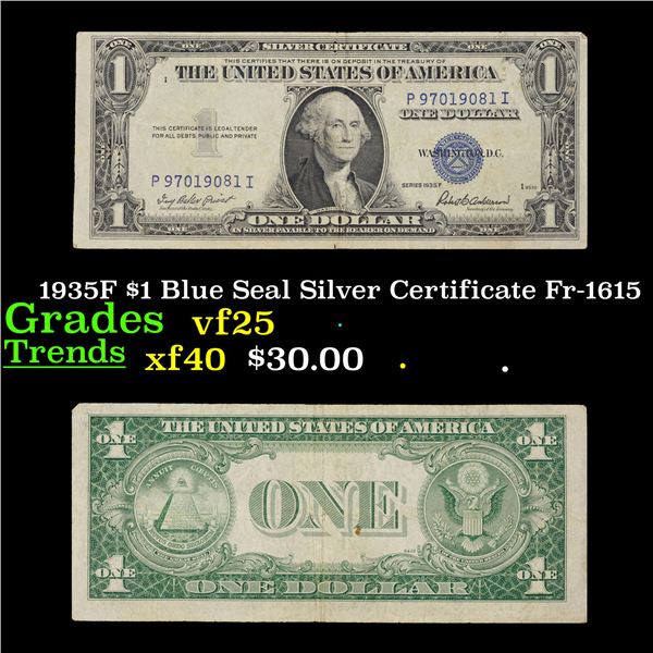 1935F $1 Blue Seal Silver Certificate Fr-1615 Grades vf+