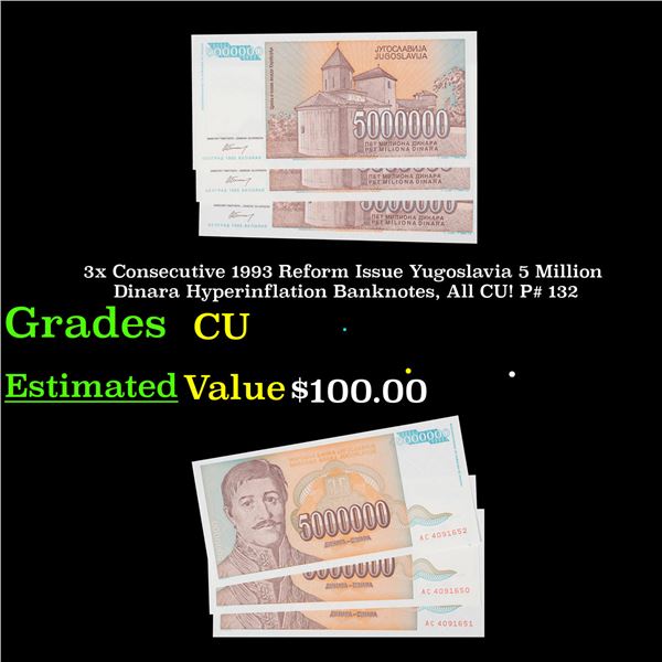 3x Consecutive 1993 Reform Issue Yugoslavia 5 Million Dinara Hyperinflation Banknotes, All CU! P# 13