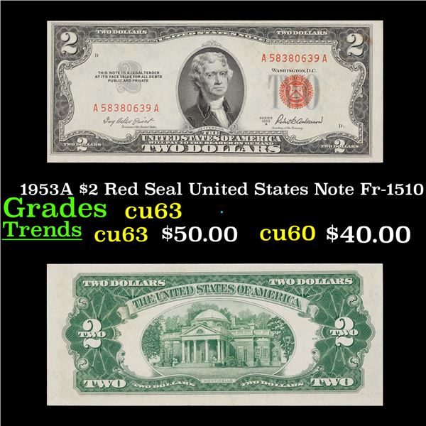 1953A $2 Red Seal United States Note Fr-1510 Grades Select CU