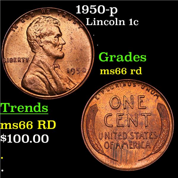 1950-p Lincoln Cent 1c Grades GEM+ Unc RD