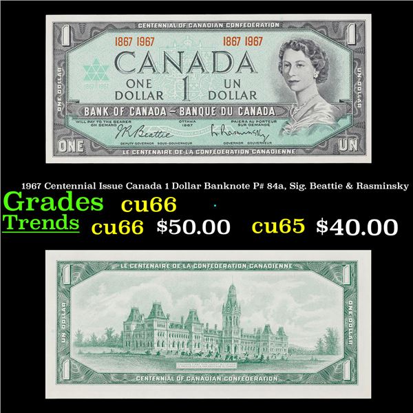1967 Centennial Issue Canada 1 Dollar Banknote P# 84a, Sig. Beattie & Rasminsky Grades Gem+ CU