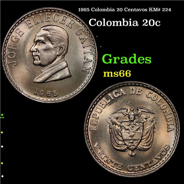 1965 Colombia 20 Centavos KM# 224 Grades GEM+ Unc