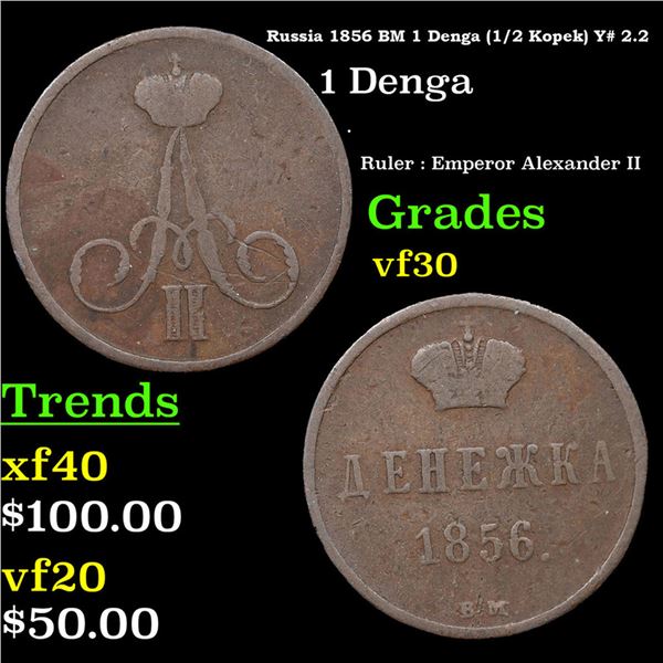 Russia 1856 BM 1 Denga (1/2 Kopek) Y# 2.2 Grades vf++