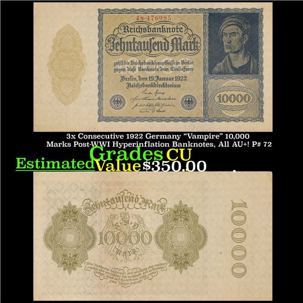 3x Consecutive 1922 Germany "Vampire" 10,000 Marks Post-WWI Hyperinflation Banknotes, All AU+! P# 72
