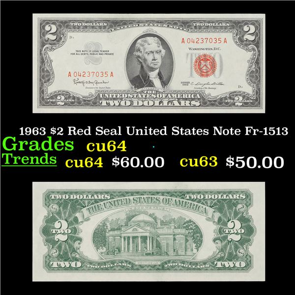 1963 $2 Red Seal United States Note Fr-1513 Grades Choice CU