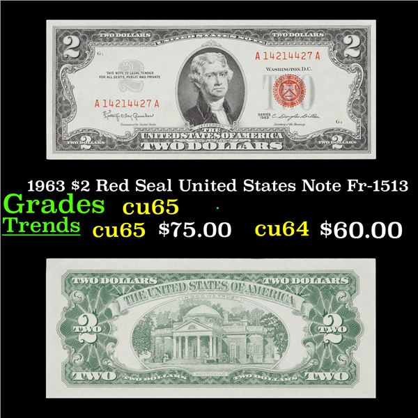 1963 $2 Red Seal United States Note Fr-1513 Grades Gem CU