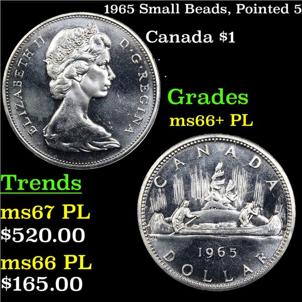1965 Small Beads, Pointed 5 Canada Dollar $1 Grades GEM++ PL