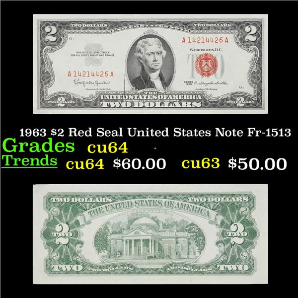1963 $2 Red Seal United States Note Fr-1513 Grades Choice CU