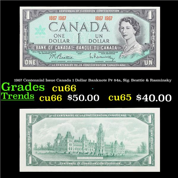 1967 Centennial Issue Canada 1 Dollar Banknote P# 84a, Sig. Beattie & Rasminsky Grades Gem+ CU