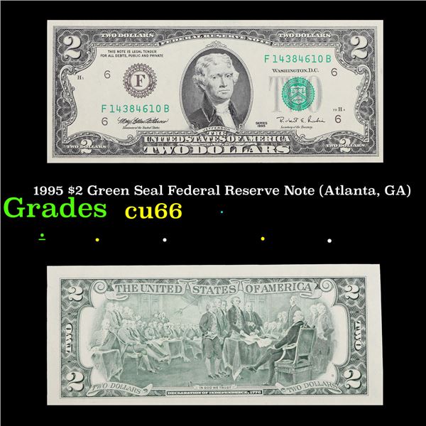 1995 $2 Green Seal Federal Reserve Note (Atlanta, GA) Grades Gem+ CU