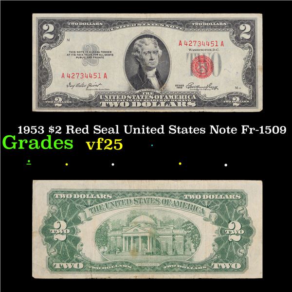1953 $2 Red Seal United States Note Fr-1509 Grades vf+
