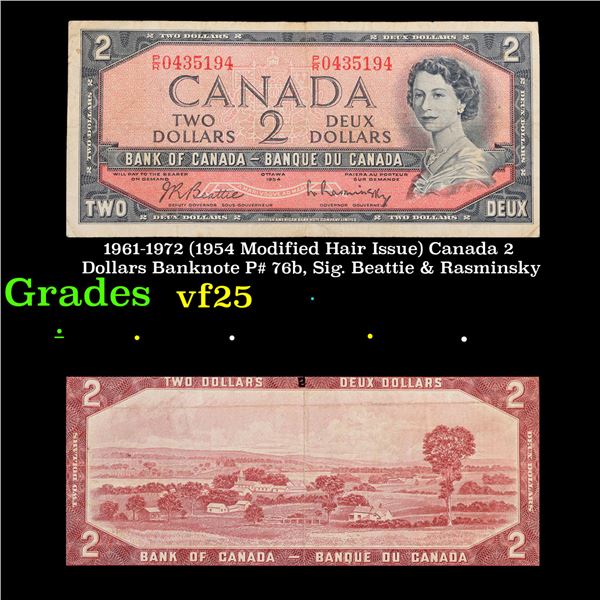 1961-1972 (1954 Modified Hair Issue) Canada 2 Dollars Banknote P# 76b, Sig. Beattie & Rasminsky Grad
