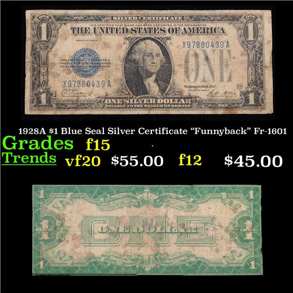 1928A $1 Blue Seal Silver Certificate "Funnyback" Fr-1601 Grades f+