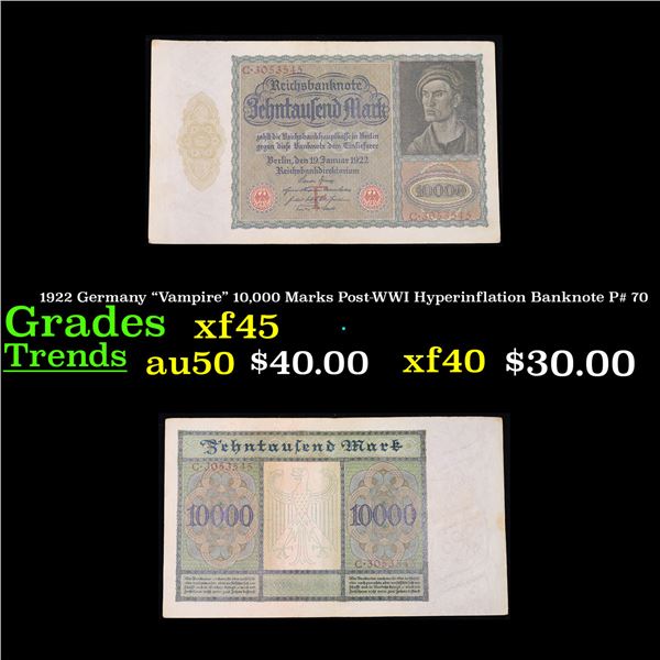 1922 Germany "Vampire" 10,000 Marks Post-WWI Hyperinflation Banknote P# 70 Grades xf+