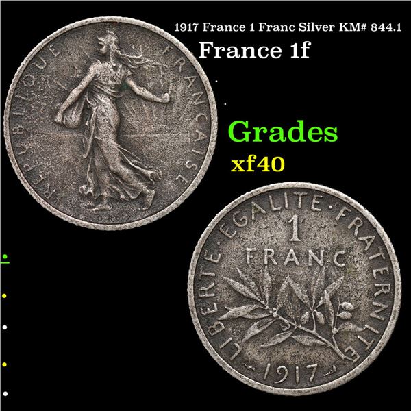 1917 France 1 Franc Silver KM# 844.1 Grades xf