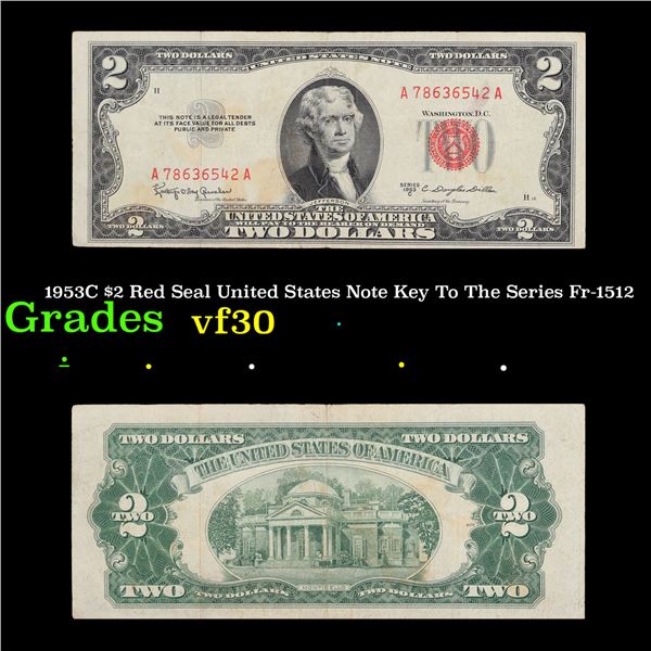 1953C $2 Red Seal United States Note Key To The Series Fr-1512 Grades vf++