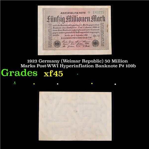 1923 Germany (Weimar Republic) 50 Million Marks Post-WWI Hyperinflation Banknote P# 109b Grades xf+