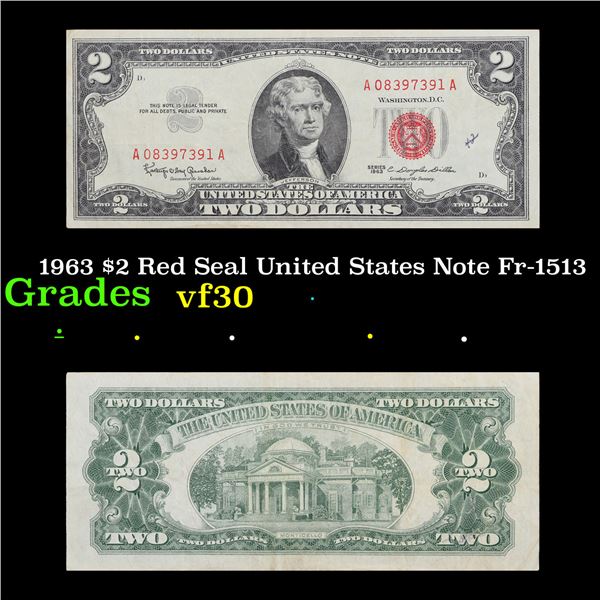 1963 $2 Red Seal United States Note Fr-1513 Grades vf++