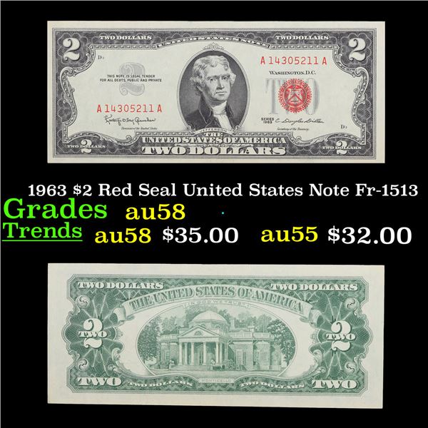 1963 $2 Red Seal United States Note Fr-1513 Grades Choice AU/BU Slider