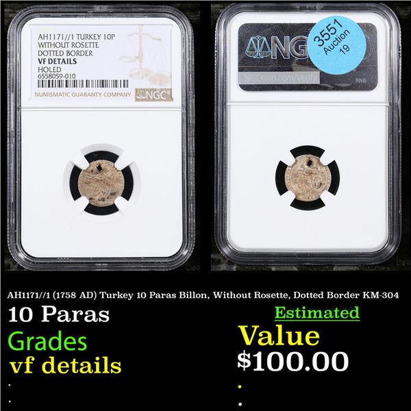 NGC AH1171//1 (1758 AD) Turkey 10 Paras Billon, Without Rosette, Dotted Border KM-304 Graded vf deta