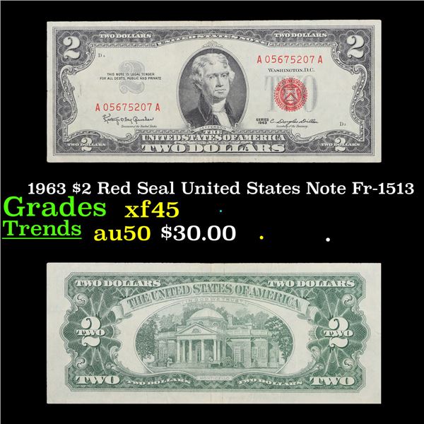 1963 $2 Red Seal United States Note Fr-1513 Grades xf+